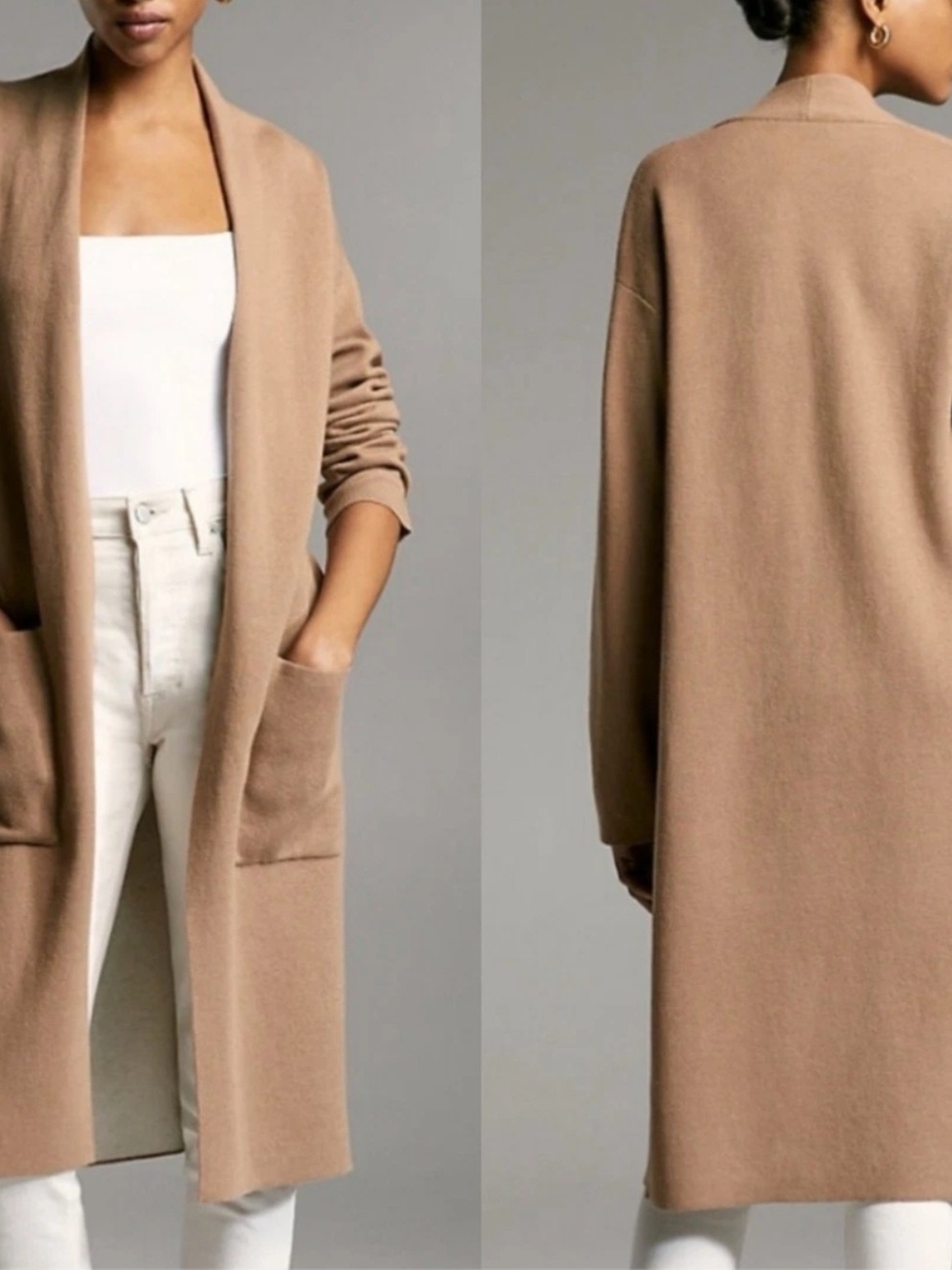 Eileen Fisher Women's Beige Wool Knit Shawl Collar Open Cardigan w/ Pockets S